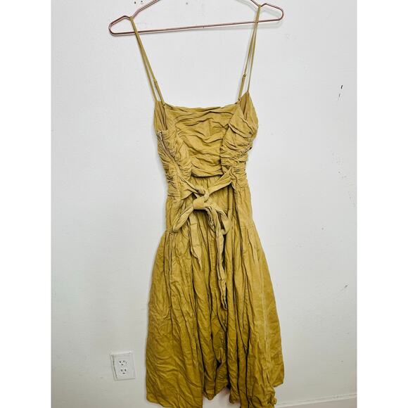 TOCCIN Women's Brown Khaki Square Neck Ruched Bodice Tie Waist Midi Dress Size 8 - Picture 10 of 16